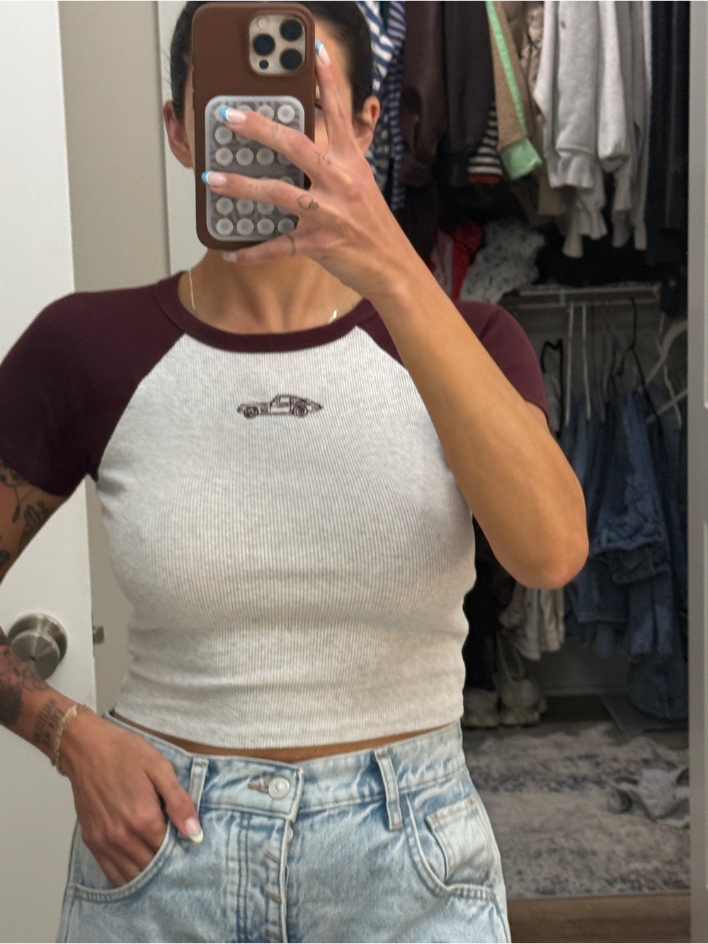 wild fable Ribbed Raglan Crop Top with Car Motif - Maroon & Cream